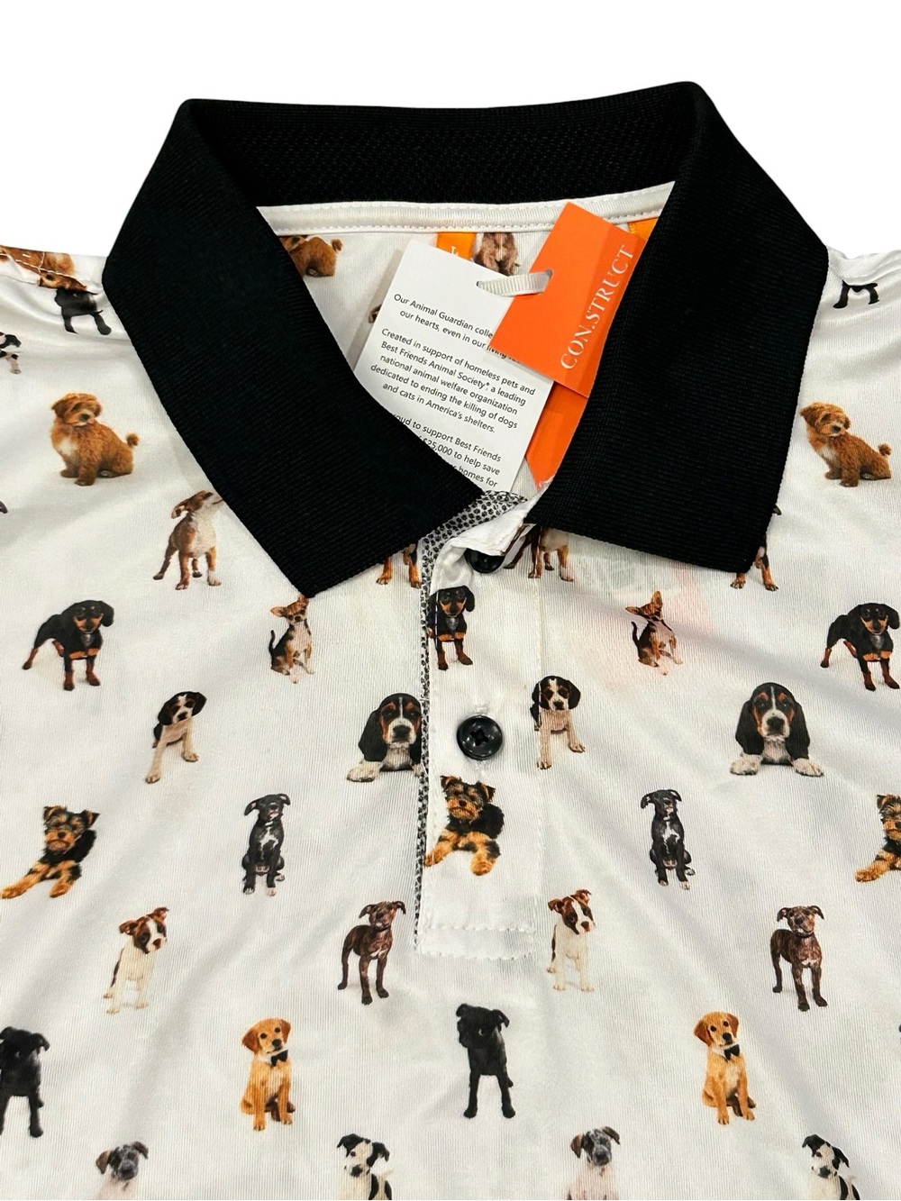 Con.Struct Polo Shirt Puppies Save Them All Men’s Large Dogs Stretch Wicking NWT